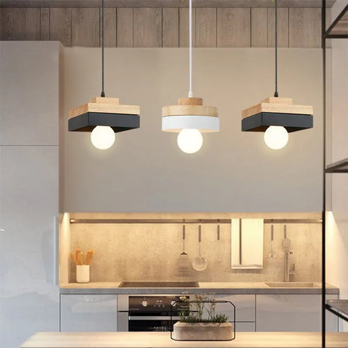 Nordique LED suspension en bois fer 18CM carré salon luminaire suspendu pour chambre salle à manger étude décor à la maison Luminaires - vue 3 sur 18