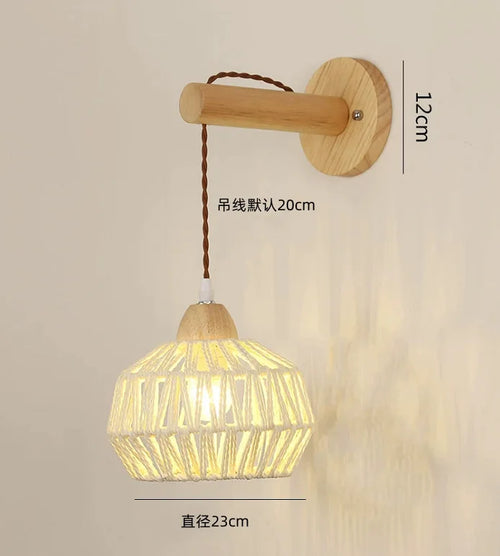applique murale nordique en corde de bois tissée à LED