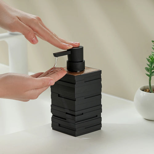 distributeur de savon noir mat avec décor en bois de teck grande capacité - vue 2 sur 6