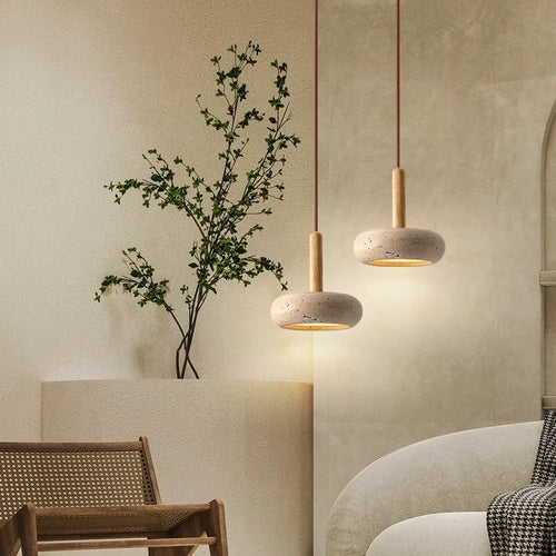 Suspension LED en pierre et bois moderne chevet japonais - vue 2 sur 7