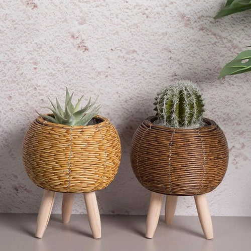 pot de fleurs rotin tressé créatif avec pieds amovibles et support durable - vue 2 sur 14