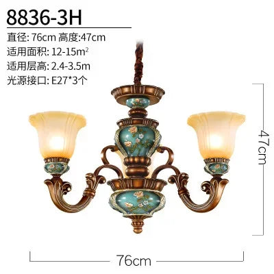 European style bedroom light, living room resin chandelier, LED glass and iron art chandelier - vue 8 sur 12