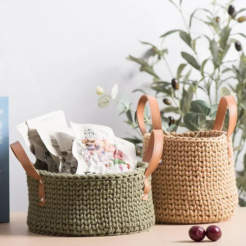 panier de rangement tricoté à la main en coton avec poignée en cuir - vue 2 sur 16
