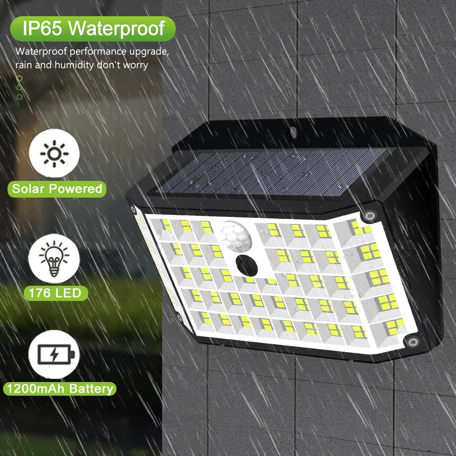 Lumières extérieures solaires 176 LED lumières d'inondation de capteur de mouvement actionnées solaires IP65 imperméabilisent la lampe de mur de 3 Modes pour la cour extérieure de porche - vue 4 sur 10