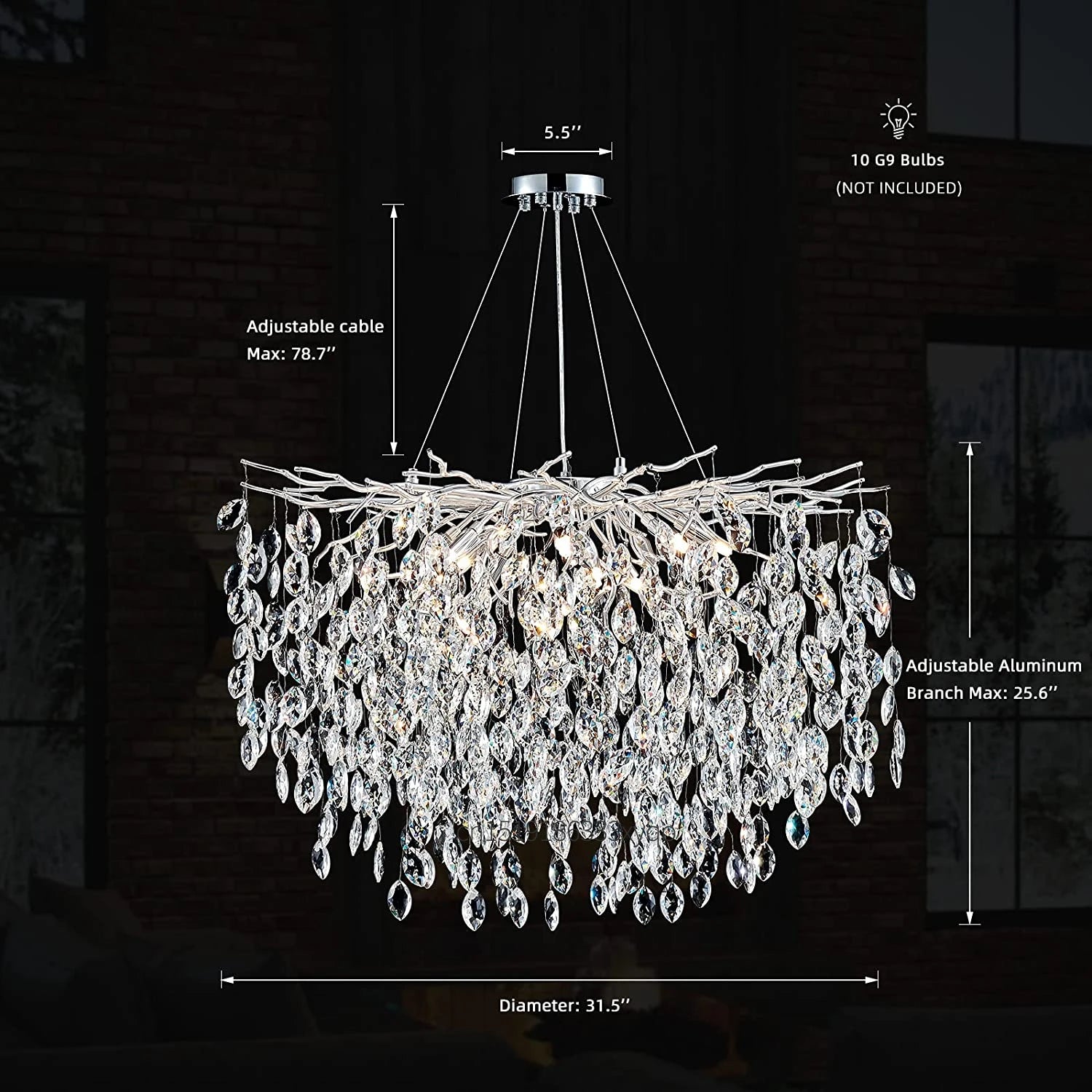 lustre en cristal de luxe avec branches led pour intérieur moderne - vue 10 sur 14