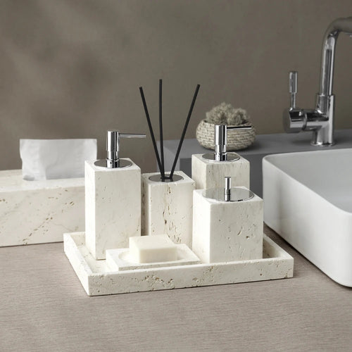 ensemble daccessoires en travertin beige pour salle de bain - vue 2 sur 20