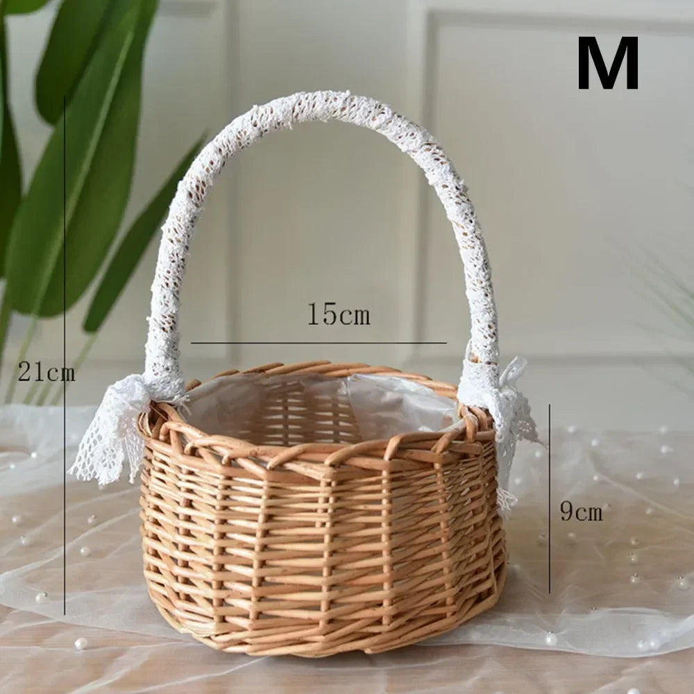 panier en rotin naturel tissé à la main pour mariage décoratif avec dentelle - vue 4 sur 7