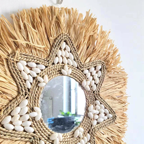 miroir décoratif en raphia et coquillages pour décoration murale - vue 3 sur 5