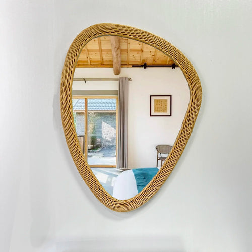 miroir bohème tissé en rotin fait main décoration artisanale - vue 3 sur 6