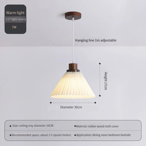suspension moderne en tissu plissé avec base en bois - vue 8 sur 14