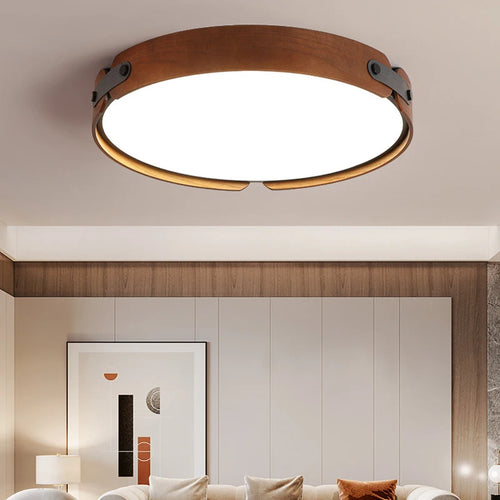 plafonnier créatif en bois et cuir artificiel avec 3 ronds interchangeables - vue 3 sur 9