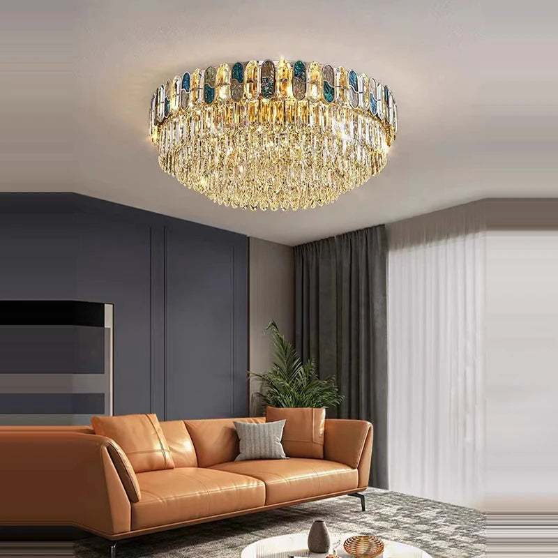 plafonnier led art déco en cristal doré et acier inoxydable - vue 3 sur 18