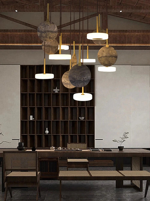 lustre en bois naturel ou marbre doré avec éclairage led - vue 2 sur 11