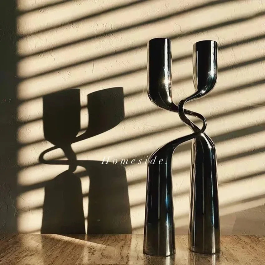bougeoir en métal argenté candélabre de luxe double tête décoratif - vue 4 sur 9