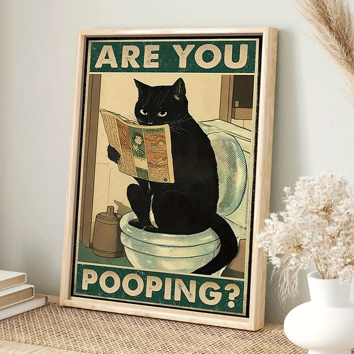 citation humoristique chat noir lisant journal dans les toilettes décor amusant - vue 1 sur 5