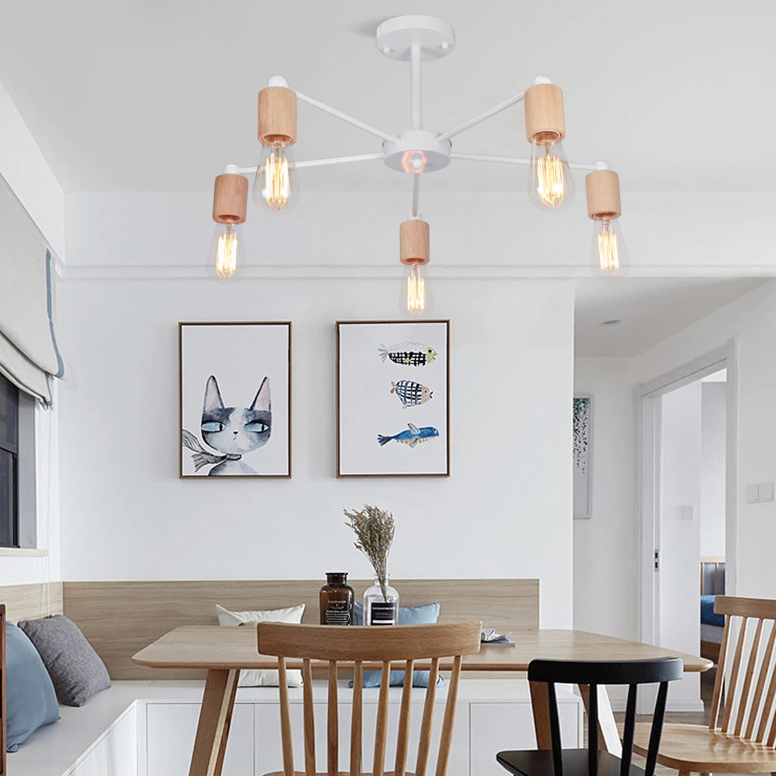 lustre industriel moderne avec tiges multiples en fer et bois - vue 4 sur 16