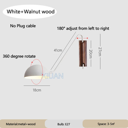 Nordic Bedroom Bedside Wall Lamps Plug In Wall Sconce Black White Iron Lampshade Swing Long Arms Wall Mounted Light E27 - vue 14 sur 14