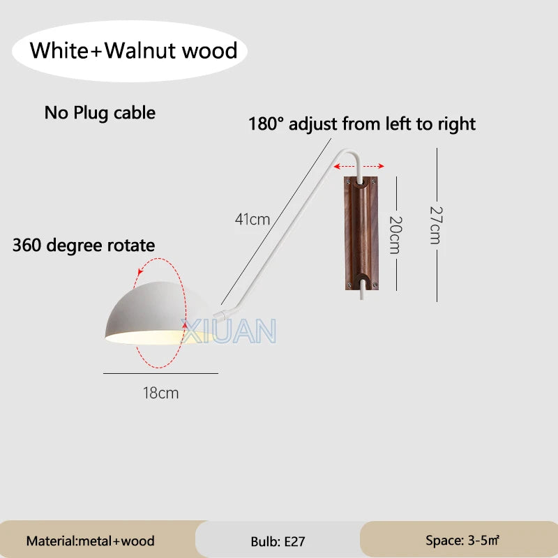 Nordic Bedroom Bedside Wall Lamps Plug In Wall Sconce Black White Iron Lampshade Swing Long Arms Wall Mounted Light E27 - vue 13 sur 14