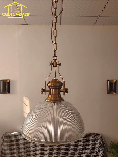 suspension vintage en fer style campagnard avec verre rayé - vue 2 sur 6