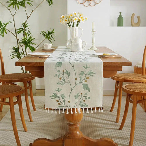Chemin de table coton lin brodé fleuri pompons
