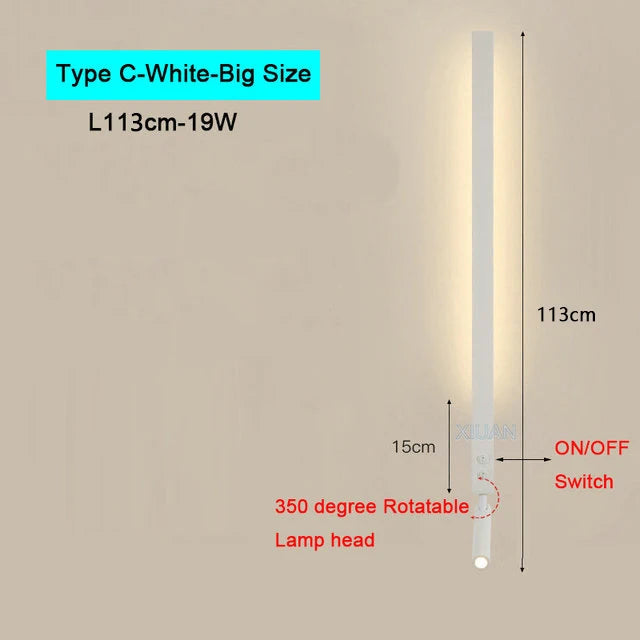 Modern Bedroom Living Room Wall Light ON/OFF Switch AC220V Black White Long Wall Lamps with LED Spotlights - vue 14 sur 18