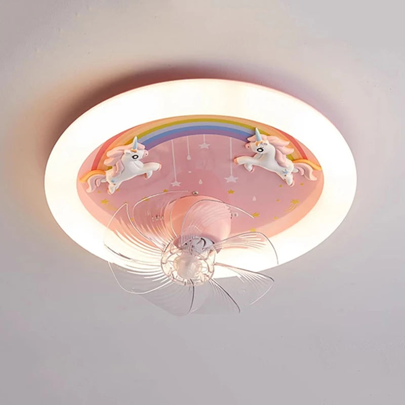 Creative LED Ceiling Light with Fan Pink Princess Children's Room Bedroom Ceiling Fan Resin Unicorn Rainbow Remote Control 220V - vue 1 sur 7