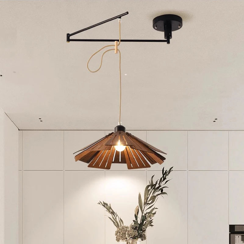 lustre à bascule en bois massif de noyer rétractable décoration nordique moderne - vue 3 sur 16