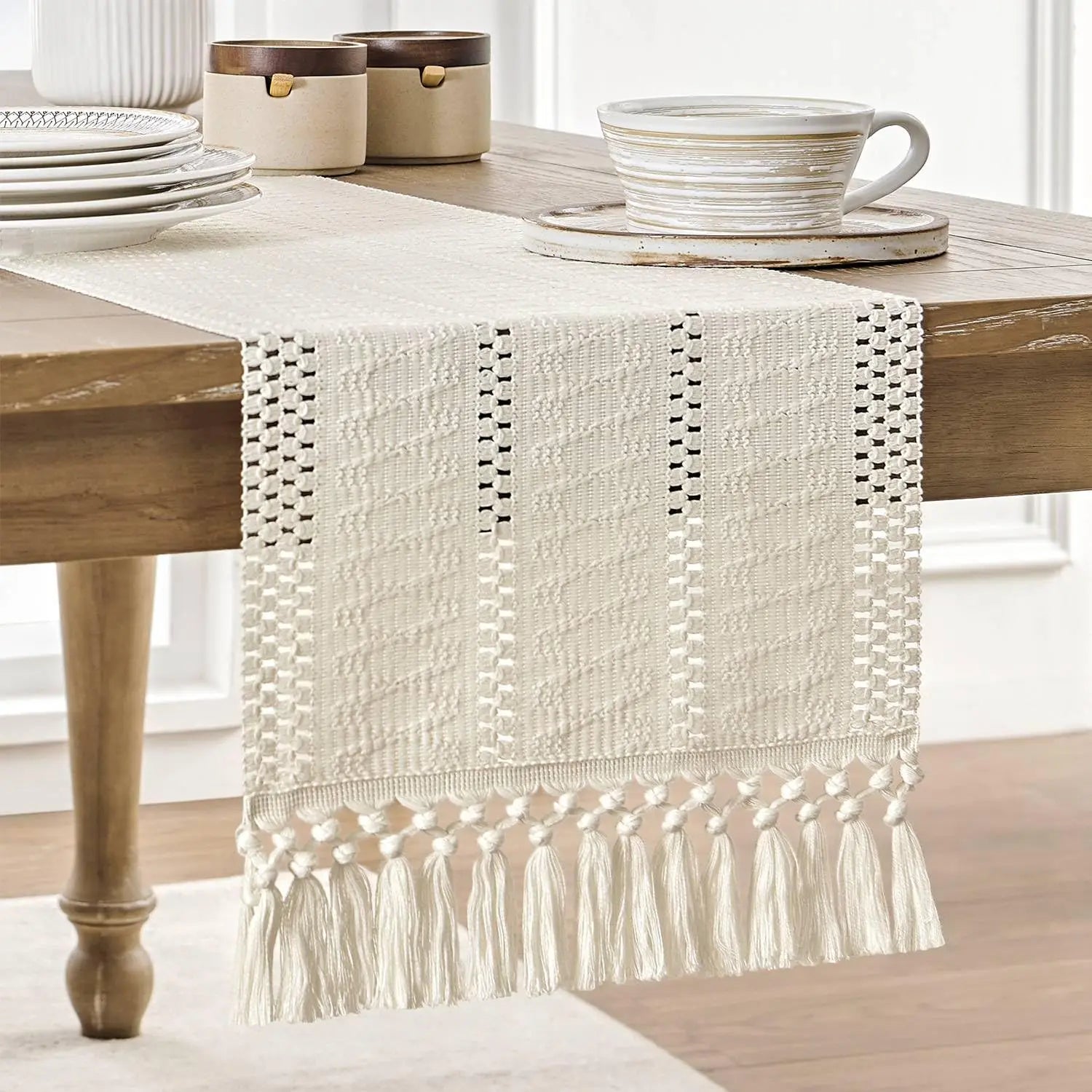 Chemin de table macramé bohème ivoire à franges - vue 3 sur 7
