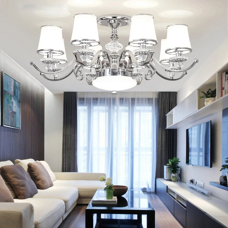 lustre chromé moderne à abat-jours blancs - vue 4 sur 16