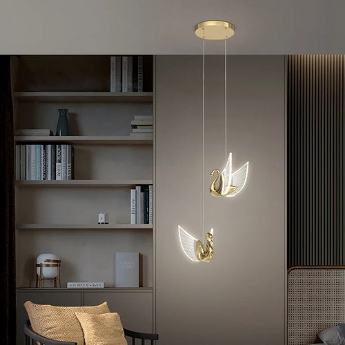 lustre moderne cygne doré design créatif pour éclairage décoratif - vue 3 sur 12