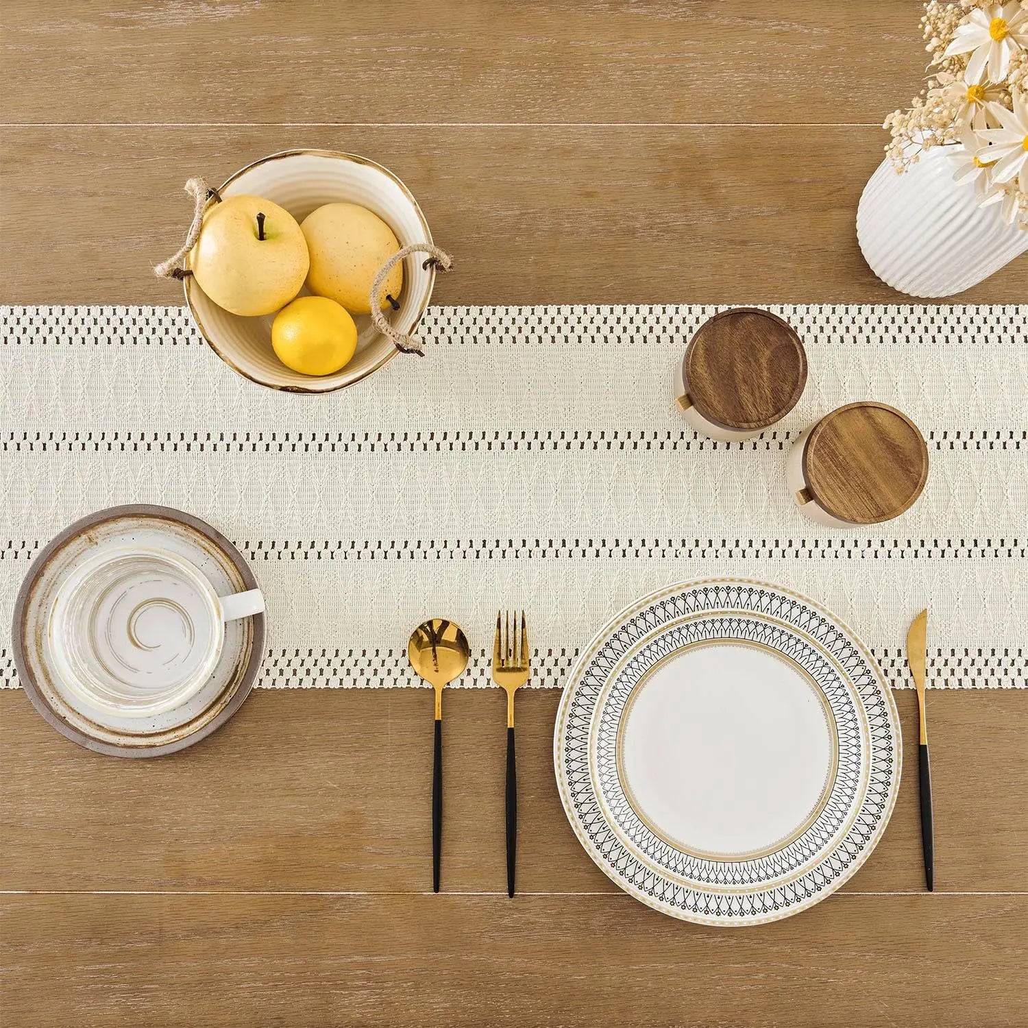 Chemin de table macrame boheme ivoire franges - vue 6 sur 7