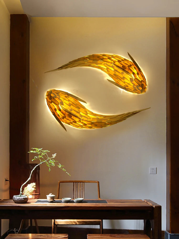 applique murale led bambou design nordique tissée main forme poisson - vue 3 sur 8