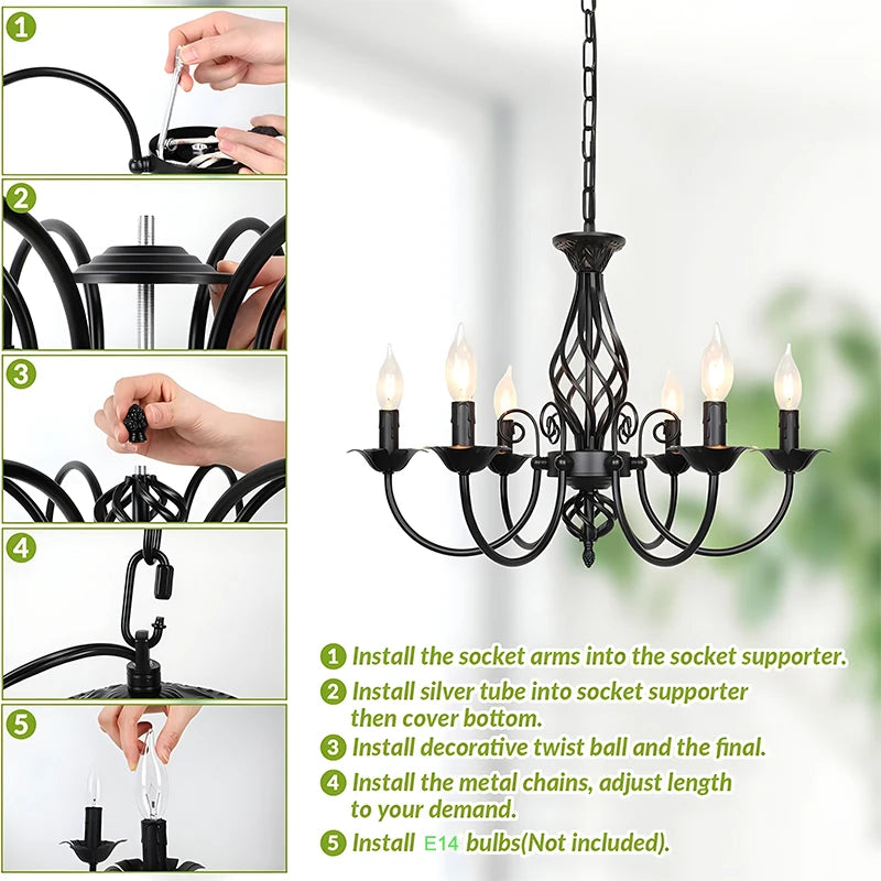 6-Light Farmhouse Candle Chandelier for Living Room, Rustic Industrial Pendant Ceiling Light fixture, Vintage Hanging Lamp for B - vue 6 sur 7