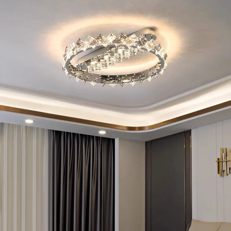 lustre moderne en acier inoxydable chrome avec éclairage en cristal - vue 2 sur 10