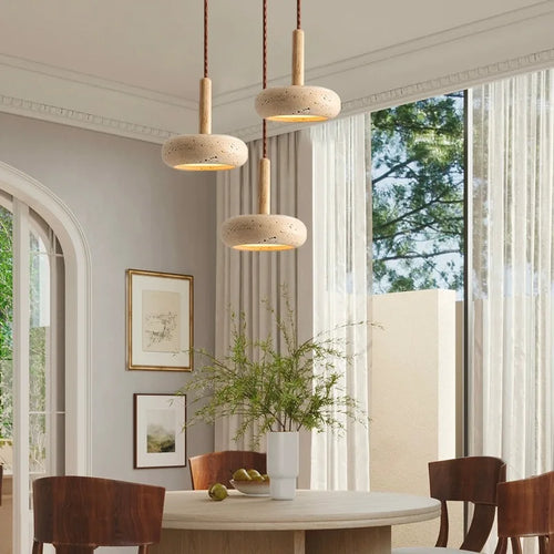 Suspension LED en pierre et bois moderne chevet japonais - vue 4 sur 7
