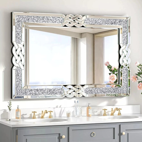 miroir mural en verre avec cadre décoratif en cristal bling - vue 2 sur 9