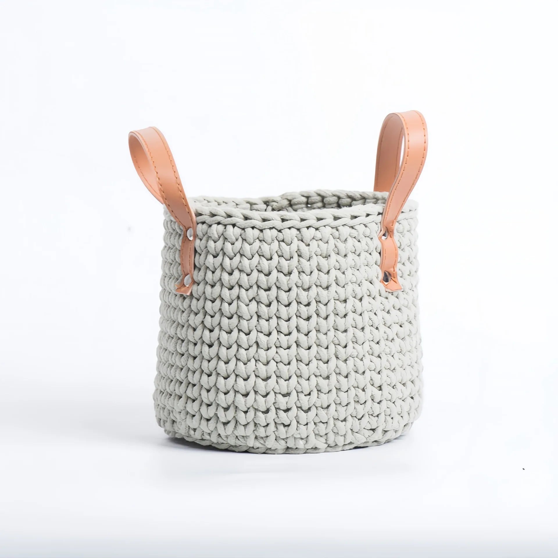 panier de rangement tricoté à la main en coton avec poignée en cuir - vue 15 sur 16