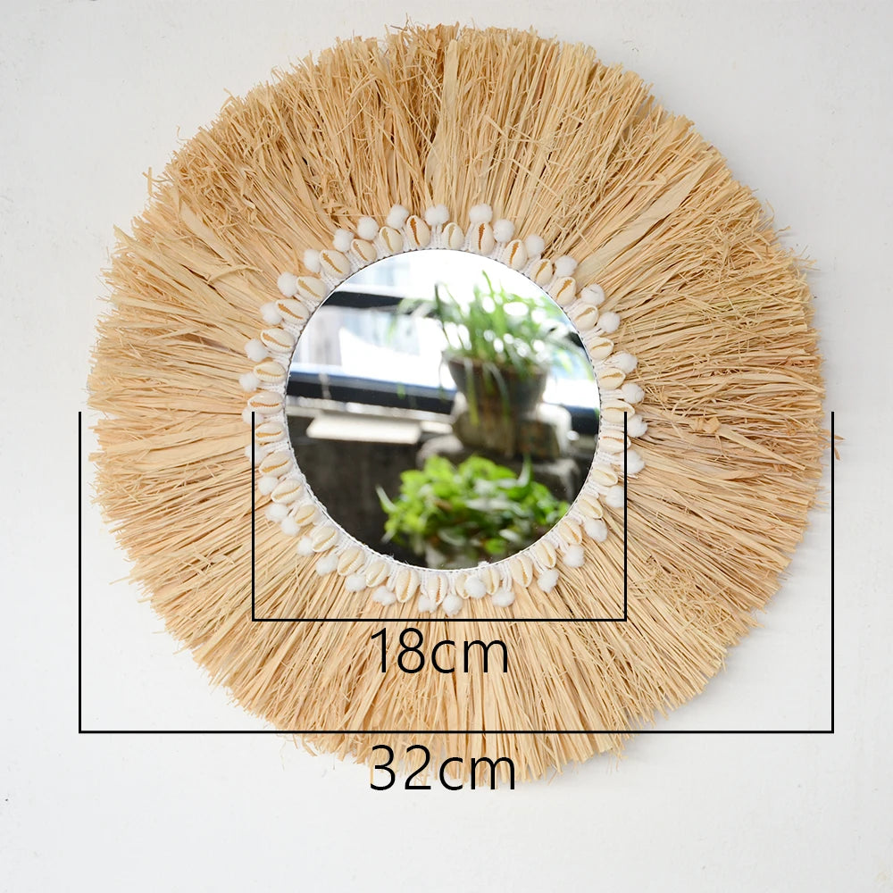 miroir suspendu en raphia et perles en bois décoratif multifonctions - vue 10 sur 11