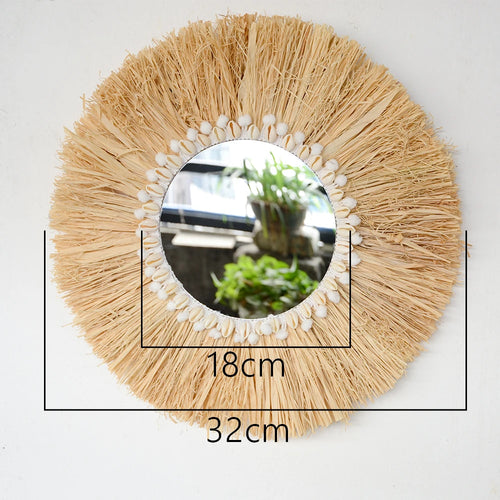 miroir suspendu en raphia et perles en bois décoratif multifonctions - vue 10 sur 11
