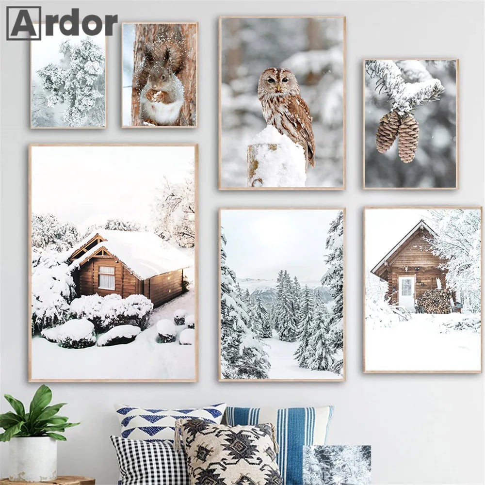 décoration murale forêt hivernale avec renard hibou et cerf - vue 4 sur 7