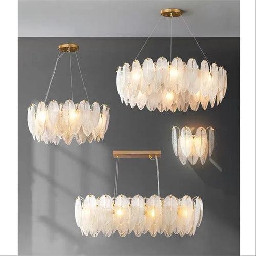 lustre moderne en verre avec plumes et lumière LED - vue 2 sur 14