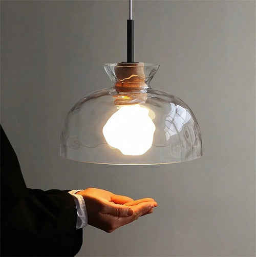 suspension led en verre grain d'eau et bois nordique rétro - vue 6 sur 11