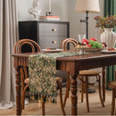 Chemin de table jacquard vert fleurs pompons campagne