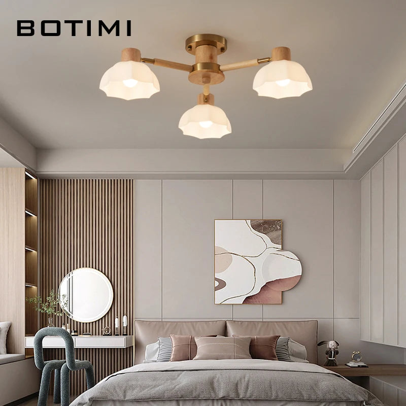 Plafonniers nordiques en bois de caoutchouc avec lampadaires en verre pour salon moderne blanc chaud lumière froide Lustres chambre lampara - vue 6 sur 12