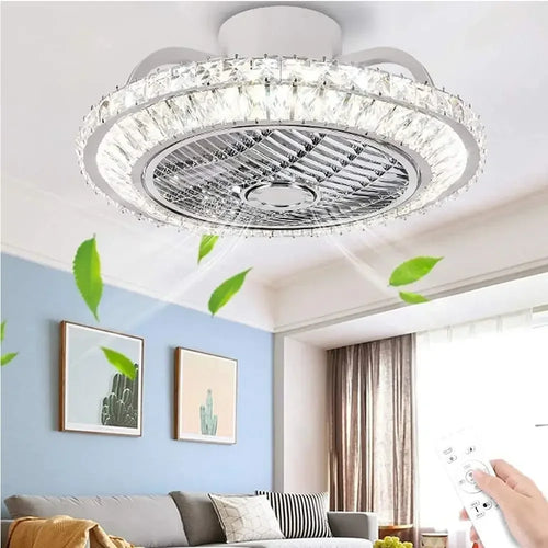 ventilateur de plafond en cristal moderne avec lumière et télécommande - vue 3 sur 7