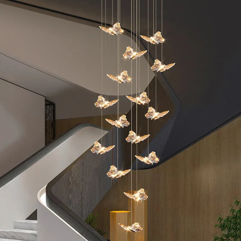lustre long nordique postmoderne papillon acrylique luxe villa - vue 2 sur 18