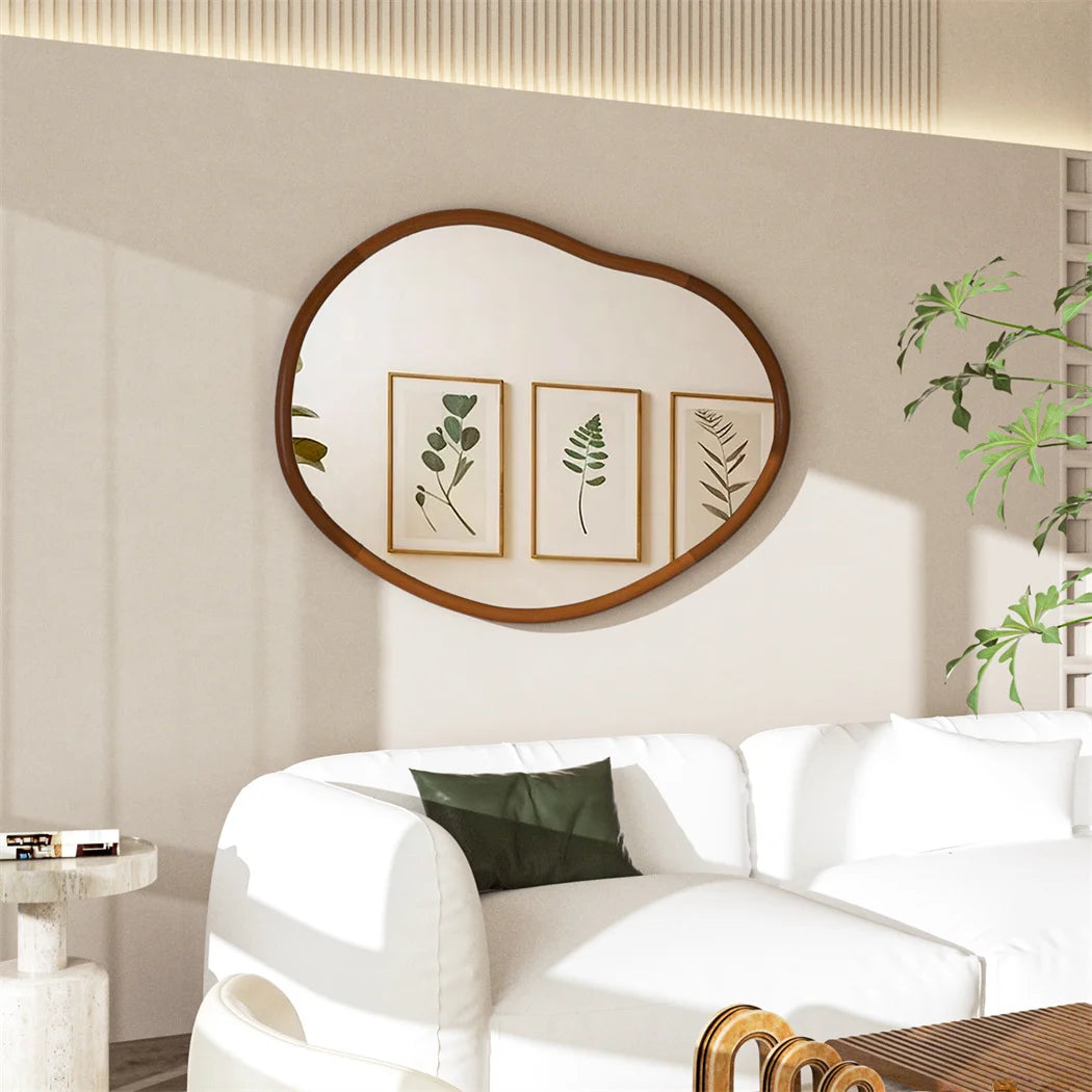 grand miroir mural asymétrique avec cadre en bois naturel - vue 4 sur 7