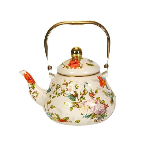 bouilloire vintage en émail motif floral poignée dorée - vue 5 sur 5