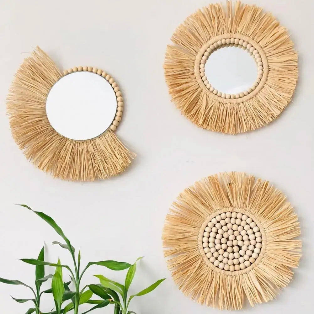 miroir suspendu en raphia et perles en bois décoratif multifonctions - vue 4 sur 11