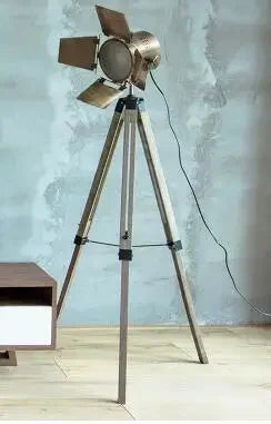 lampe de sol industrielle en bois avec trépied vintage réglable - vue 7 sur 9